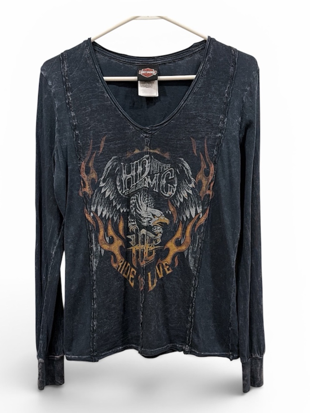 Harley-Davidson Black Long Sleeve V-Neck with Brown Flame Eagle Graphic